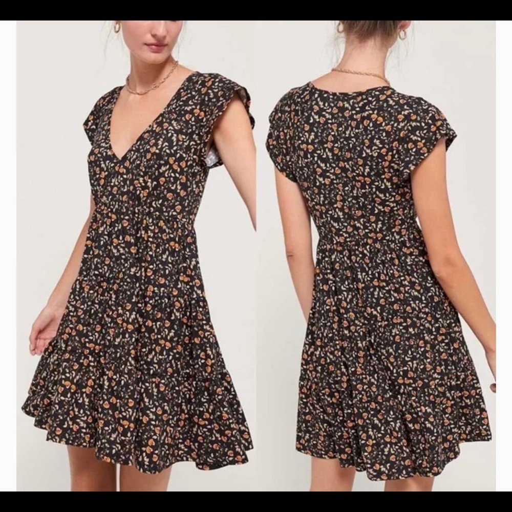 Urban Outfitters Black Floral Mini Dress with Orange & White Accents